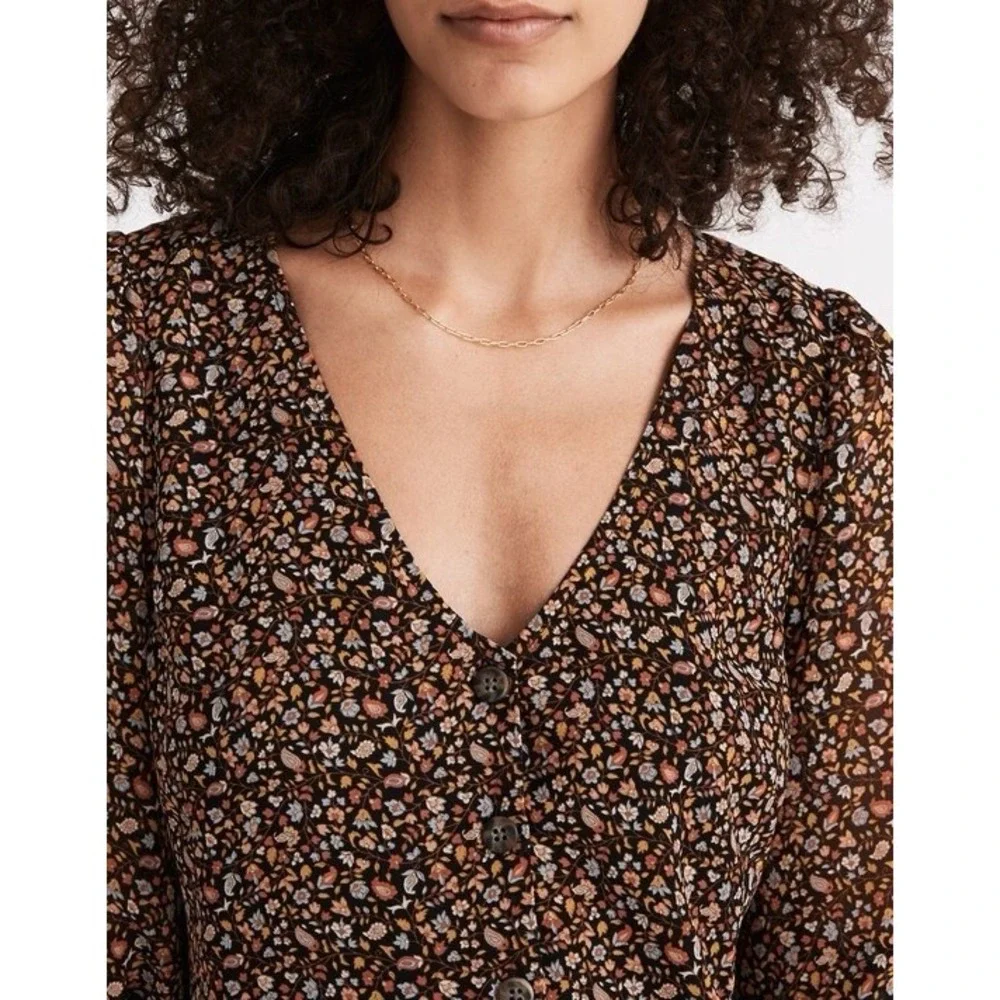 Madewell (Re)sourced Georgette Smocked-Cuff‎ Button-Front Shirt Paisley Sz 00
